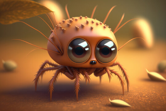 Cute insect cartoon character. Isolated on flat background with copy space. Small spider with hairy legs. 3d render illustration. Generative AI art.