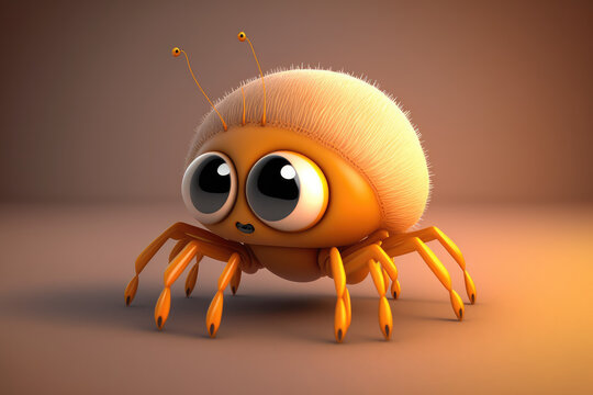 Cute little insect cartoon character. Isolated on flat background with copy space. Small funny spider with hairy legs. 3d render illustration. Generative AI art.