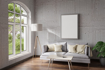 cozy living room interior in a room corner; sunlight shining trough window; floorlamp and couch table with modern laptop; canvas with copy space; home decoration concept; 3D Illustration