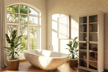 freestanding bath in lightflooded cozy country house bathroom; minimalistic interior design with sheld and canvas; relaxation and spa concept; 3D Illustration