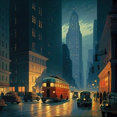 Obraz premium The image features a bustling city street at night, illuminated by the bright lights of towering skyscrapers. The streets are crowded with people, cars, and buses, moving in a frenetic dance of activ