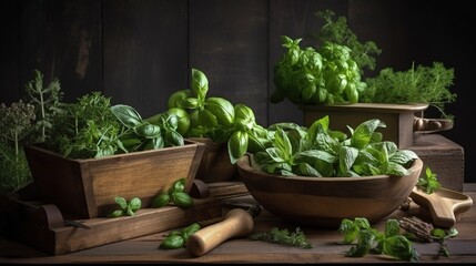Vegetable plants inside a wooden box on a wooden table Generative AI