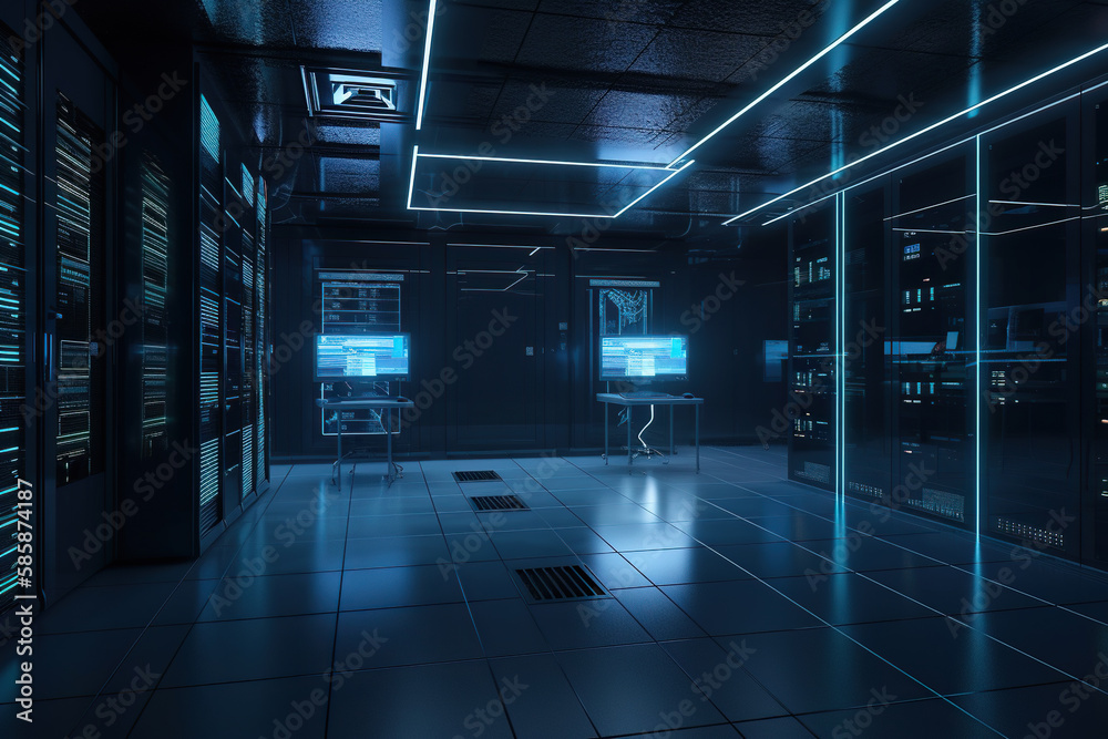 Poster server room data center. backup, mining, hosting, mainframe and computer rack with storage informati