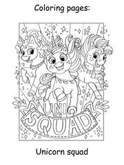 Cute three running unicorn coloring book vector
