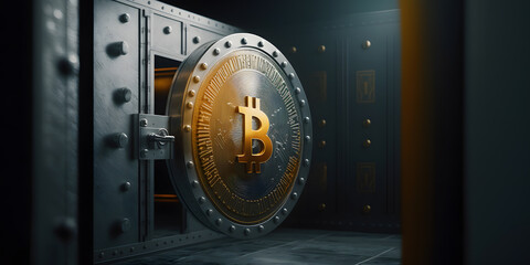 Gold Safe deposit with bitcoin logo. Concept symbol of cryptocurrency safety in internet blockchain virtual banner. Generation AI