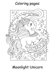 Cute beautiful unicorn on the moon coloring book vector