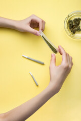 In women's hands there is paper for a joint, a filter and several buds of dry medical marijuana, next to  two ready-made joints of different sizes and a glass ashtray.  On a bright banana yellow backg