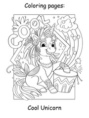 Cool unicorn on the moon coloring book vector