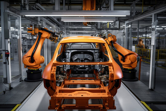 Automatic assembly line of the car body. Assembly line of the car factory. Industrial background. Generative AI