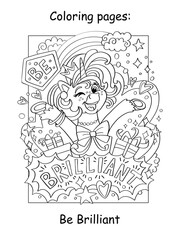 Cute beautiful unicorn girl with gifts coloring book vector