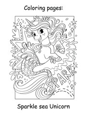 Cute beautiful unicorn mermaid coloring book vector
