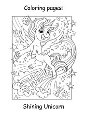 Fototapeta na wymiar Cute beautiful unicorn with shine coloring book vector