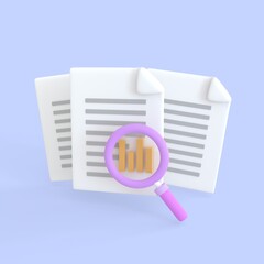Document 3d render icon. Stack of paper sheet with text and magnifying glass and column chartfor searching and calculate statistic database file. business money finance and development files concept.