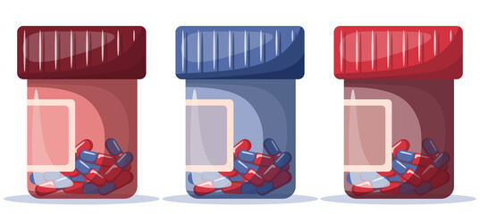 Set of plastic containers with pills. 
