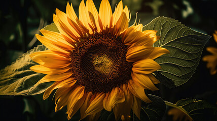 Bright picture of golden sunflowers in the field with rays. Generative Ai