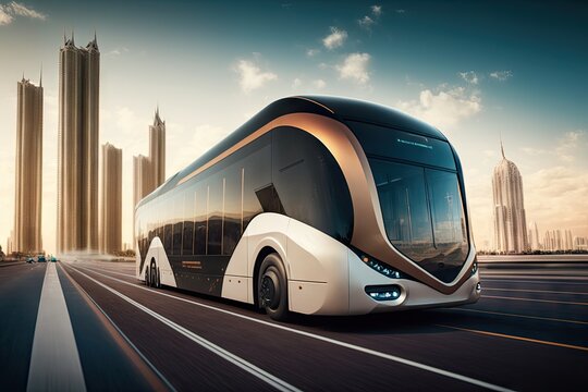 futuristic bus, with hydrogen fuel cell and self-driving technology, speeds past sleek skyscrapers, created with generative ai