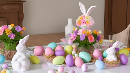 Festive easter dining party table with bunny by generative AI