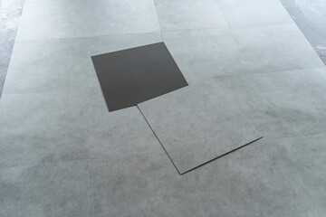 Laying of linoleum or polymer vinyl sheet set for floor. PVC material, Plastic tile set.