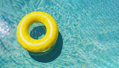 Yellow Inflatable Circle Floats in a Pool, Top View With Copy Space: AI Generated Image