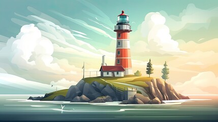 Colourful Lighthouse on Remote Island Overlooking the Oceanscape on a Cloudy Day. Generative AI