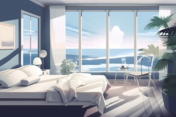 Gazing out to Sea: A Cozy Illustration of a Modern Bedchamber with Big French Windows: Generative AI