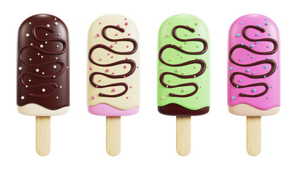 3d render four different flavors of ice cream popsicles with transparent background