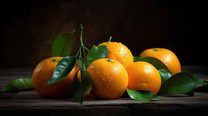 fresh orange fruits with leaves on wooden table. Generative Ai