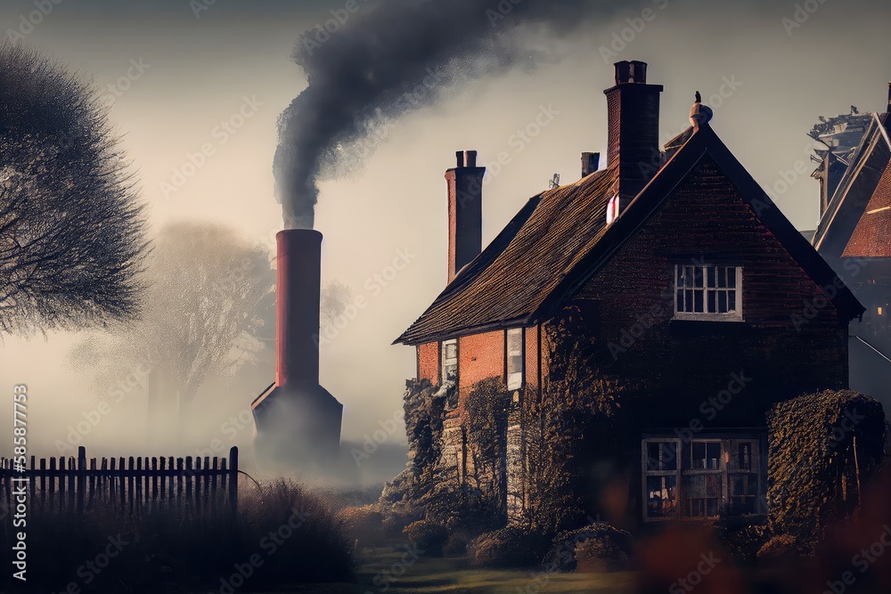 Wall mural hazy smoke, rising from the chimney in peaceful scene, created with generative ai