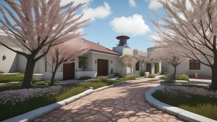 Blossom neighborhood with cherry trees in spring by generative AI