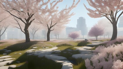 Blossom park with cherry trees in spring by generative AI