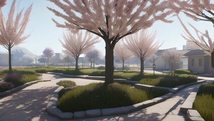 Blossom park with cherry trees in spring by generative AI
