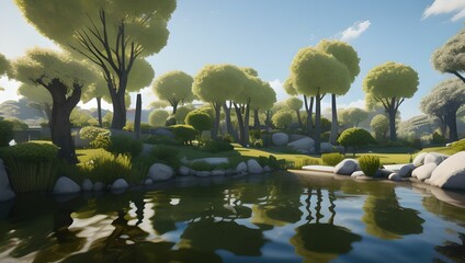 Spring greenish park with joyful decorative lake by generative AI