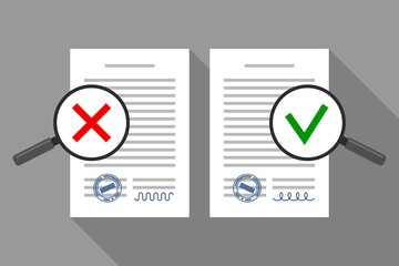 Business documents and magnifiers with green tick and red cross mark