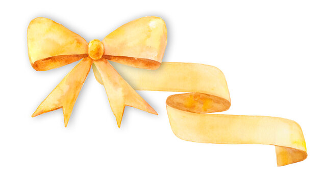 Watercolor hand drawn yellow bow for holiday design of any kind of poligraphy - cards, flyers, posters. Bright and colorful for joy.