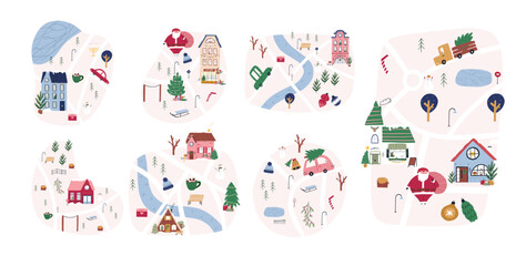 Cute winter map set, hand drawn city or town - cartoon flat vector illustration isolated on white background. Childish maps with roads, houses, trees and Christmas decorations.