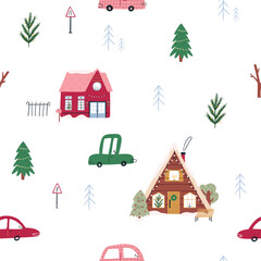Cute winter seamless pattern with Christmas decoration, cartoon flat vector illustration on white background. Hand drawn houses, cars and decorated Christmas trees. Kids childish nursery designs.