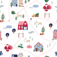 Cute and colorful Christmas holiday seamless pattern, city map, cartoon flat vector illustration on white background. Hand drawn winter holidays elements - decorated houses, Santa CLaus, snowy road.