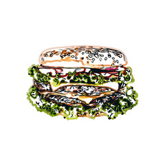  color sketch of Burger with transparent background