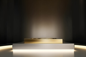 Golden Display mock up 3D luxury stage with LED light and simple shape decoration around it. generative AI
