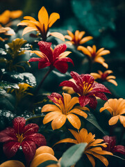 Tropical green plants in rainforest. Beautiful colorful red and yellow lillies. Jungle flowers. Generative AI
