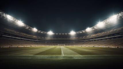 Fototapeta na wymiar soccer stadium with illumination, green grass and night sky. Generative Ai