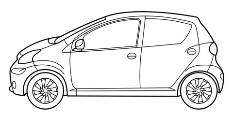 Outline drawing of a hatchback car from side view. Vector outline doodle illustration. Design for print or color book