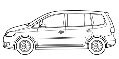 Classic van bus car. Side view shot. Outline doodle vector illustration	
