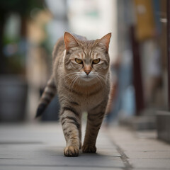 Naklejka na ściany i meble Un chat tigré qui marche dans la rue. Il regarde la caméra