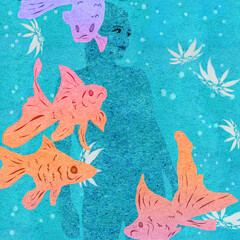 Ilustracja kobieta syrena pod wodą pływające ryby welony pastelowe kolory.