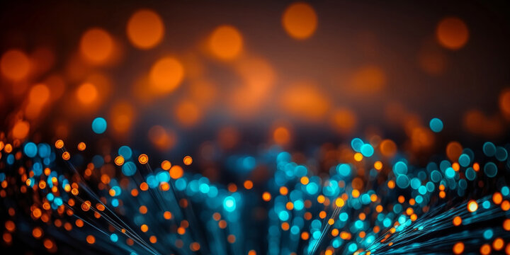 Defocused image of blue and orange fiber optics lights abstract background