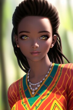 3D Beautiful african woman in a dashiki dress in anime style digital painting illustration