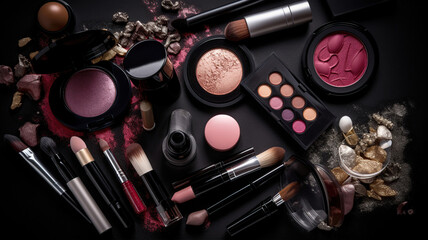 Set of decorative cosmetics, closeup. Generative Ai