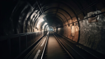 Fototapeta premium Subway tunnel with blurred light tracks with arriving train in the opposite direction. Generative Ai