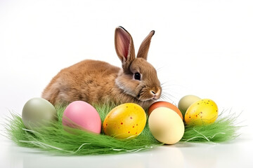 easter bunny and easter eggs in grass, colorful, generated by generative ai